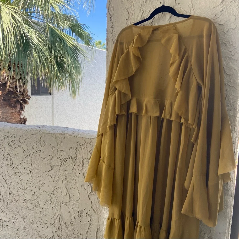 ASOS Sheer Tiered Ruffle Maxi Dress Mustard Bell Sleeve Raw Hem Size 10 - Picture 8 of 8